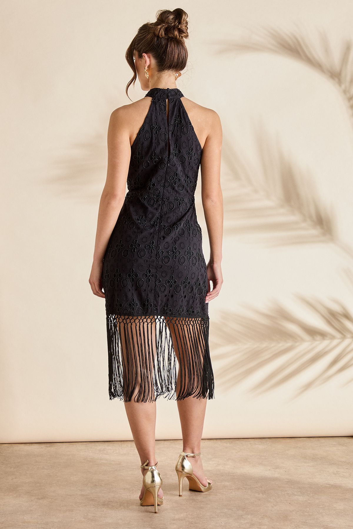 Coast Broderie Embellished Fringe Halter Dress Black image 3