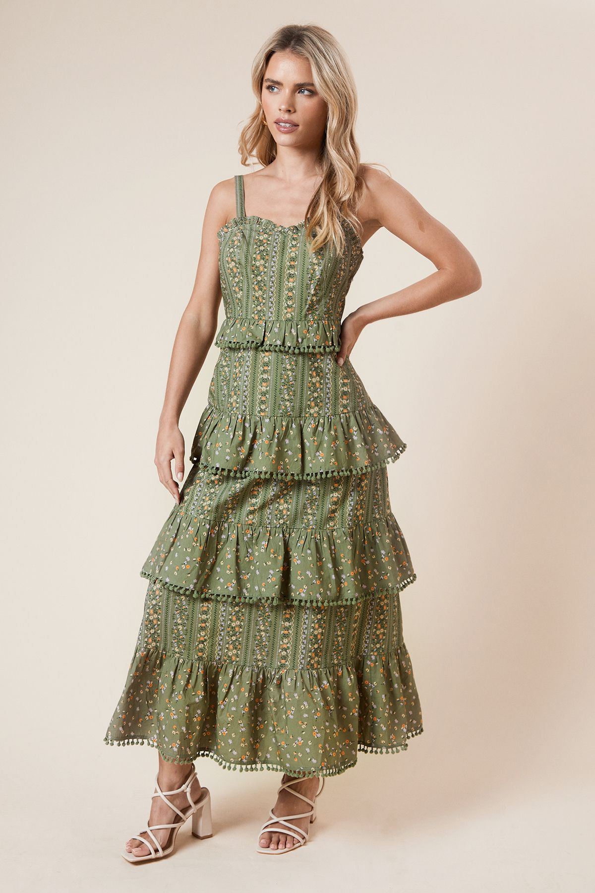 Dorothy Perkins Petite Green Linear Floral Printed Ruffle Pom Pom Midi Dress Green image 1