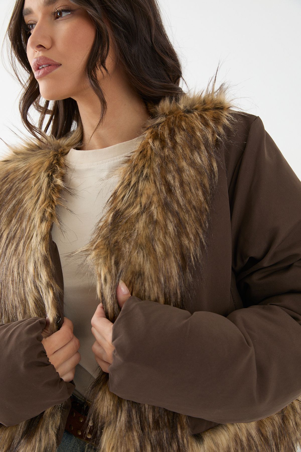 MissPap Faux Fur Trim Puffer Coat Chocolate image 1