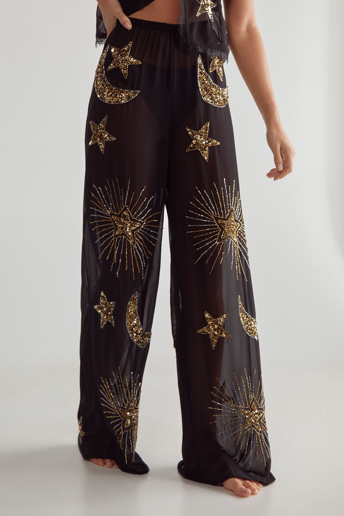 NastyGal Embellished Moon & Star Wide Leg Beach Trouser Black