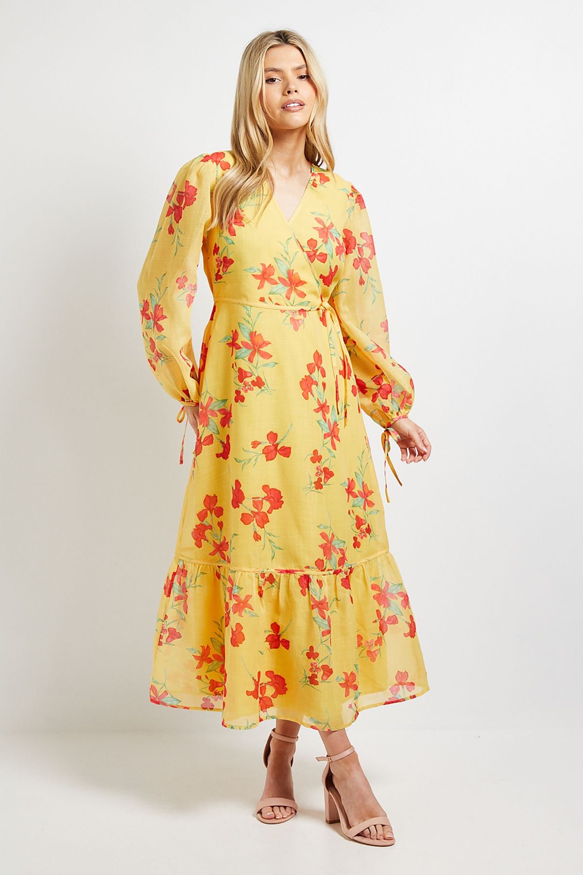Dorothy Perkins Yellow Floral Printed Wrap Detail Blouson Sleeve Maxi Dress Yellow