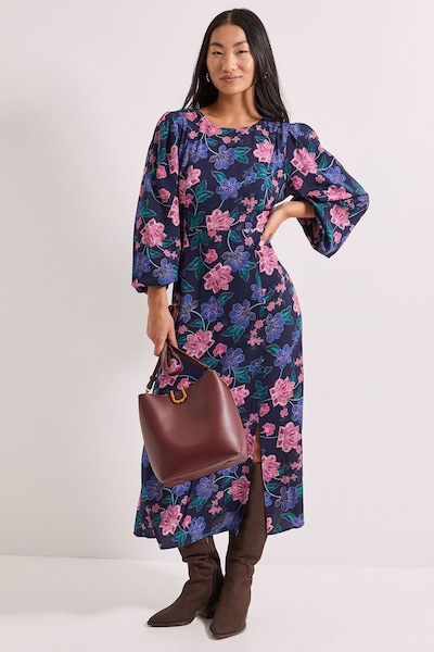 Dorothy Perkins Petite Blue Floral Empire Seam Split Detail Printed Midi Dress Floral