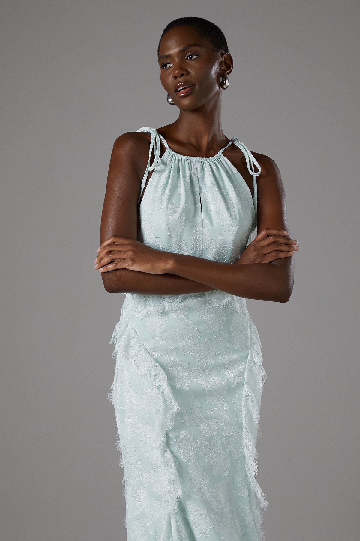 Coast Jacquard Halter Neck Sleeveless Frill Maxi Holiday Dress Mint image 4