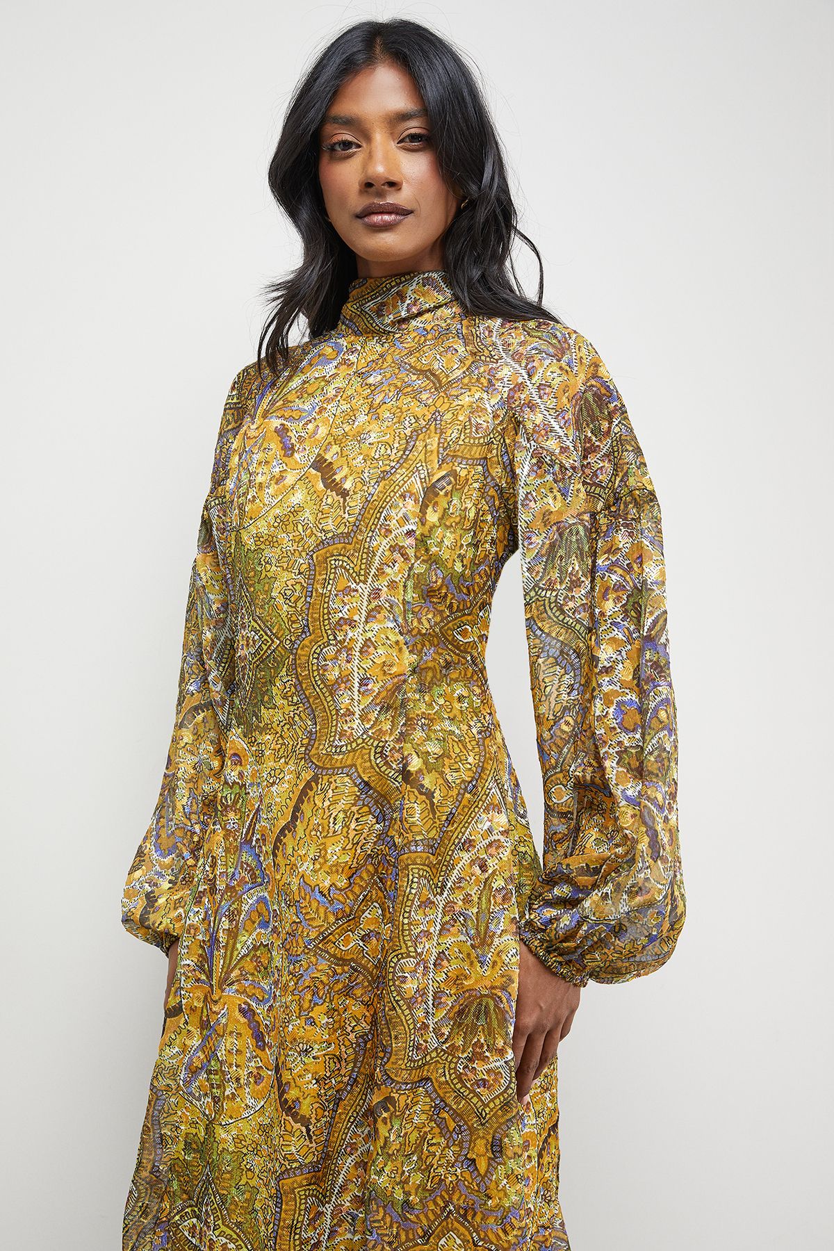 Warehouse Paisley Burnout Spot High Neck Godet Midi Dress Mustard image 2