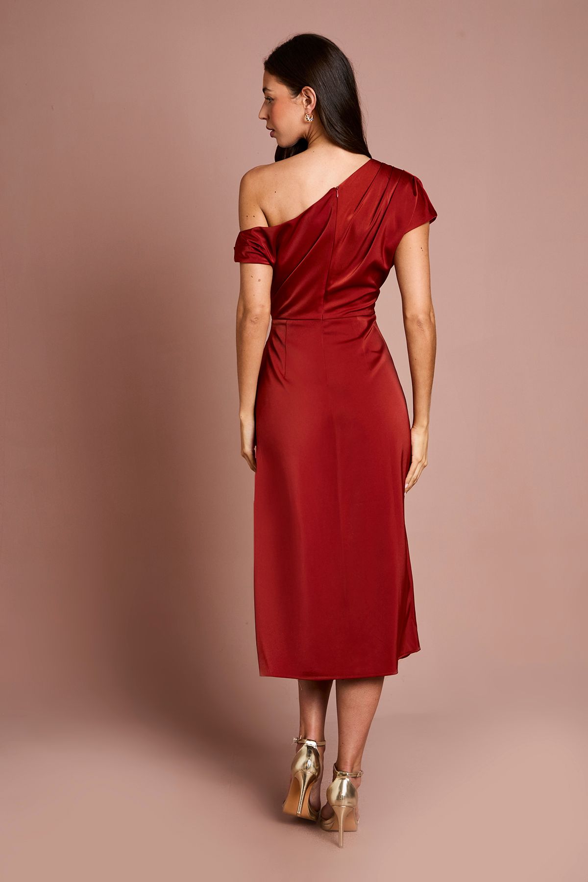 Coast Off Shoulder Satin Side Tie Midi Dress Rust image 3
