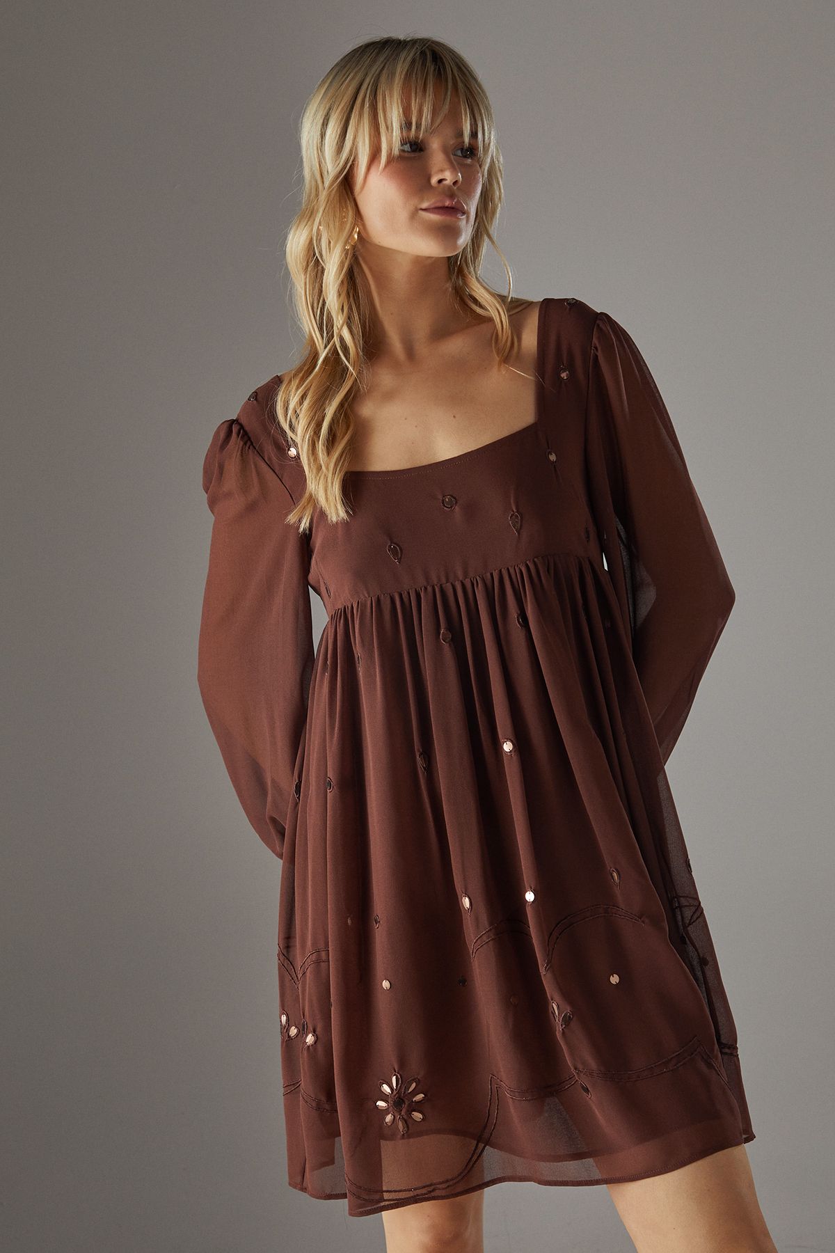 Warehouse Hand Embellished Sequin Square Neck Mini Dress Chocolate image 2