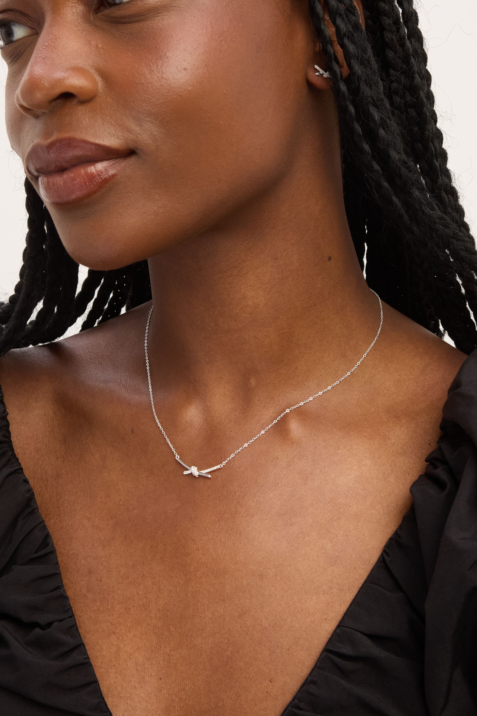 Simply Silver Sterling Silver 925 Polished and Pave Love Knot Necklace image 2