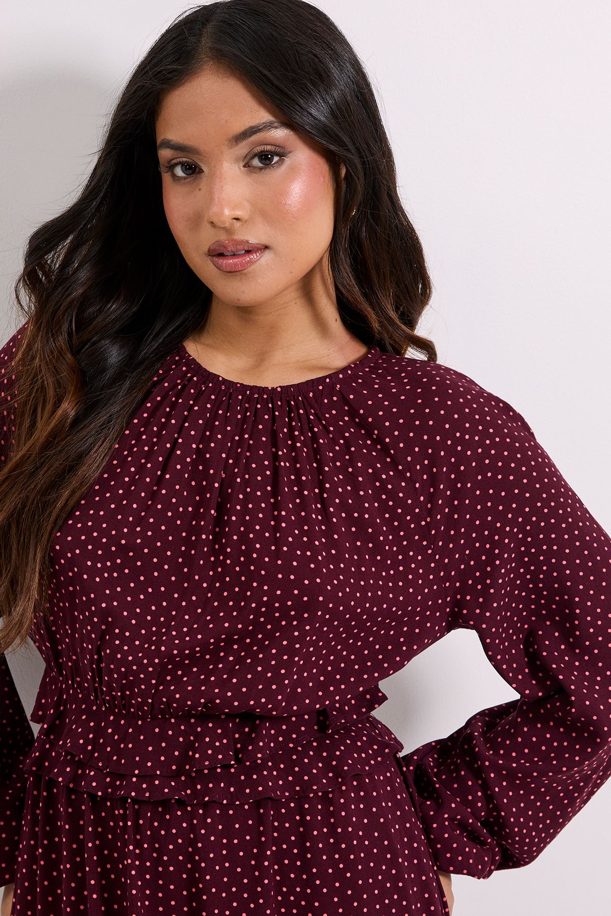 Dorothy Perkins Petite Berry Spot Frill Waist Blouson Sleeve Midi Dress Berry image 4