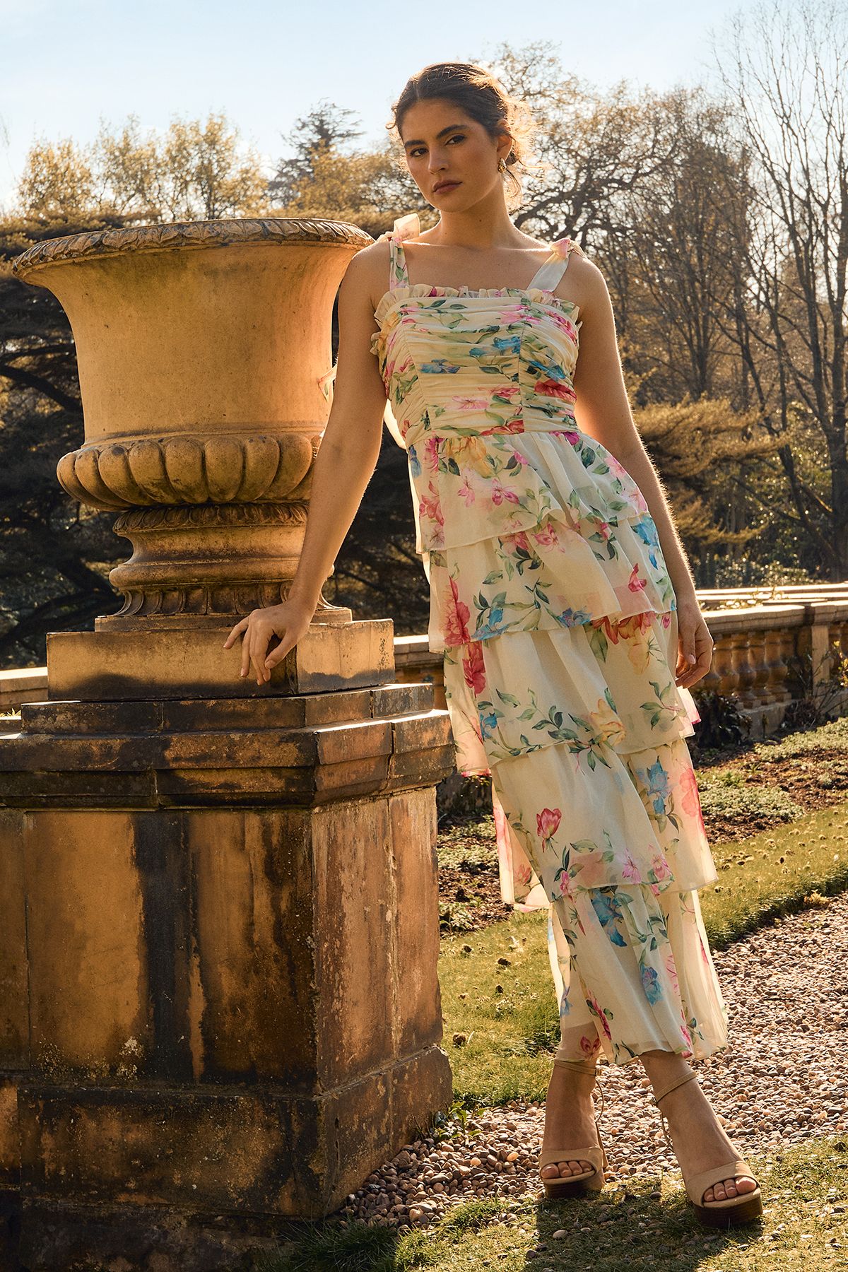 Oasis Ruched Ruffle Tiered Tie Strap Midi Dress Ivory image 1