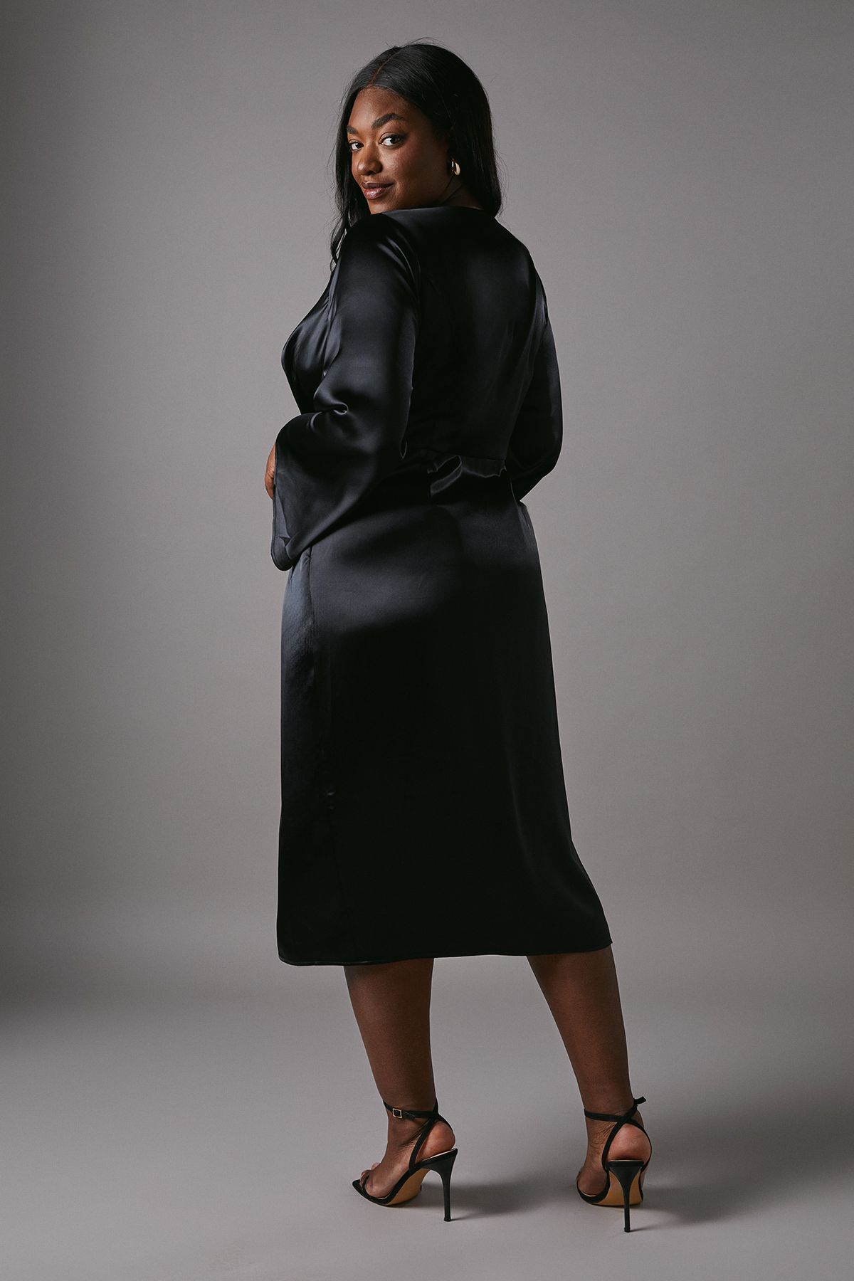 Coast Plus Satin Wrap Front Dress With Flare Sleeve Black image 4