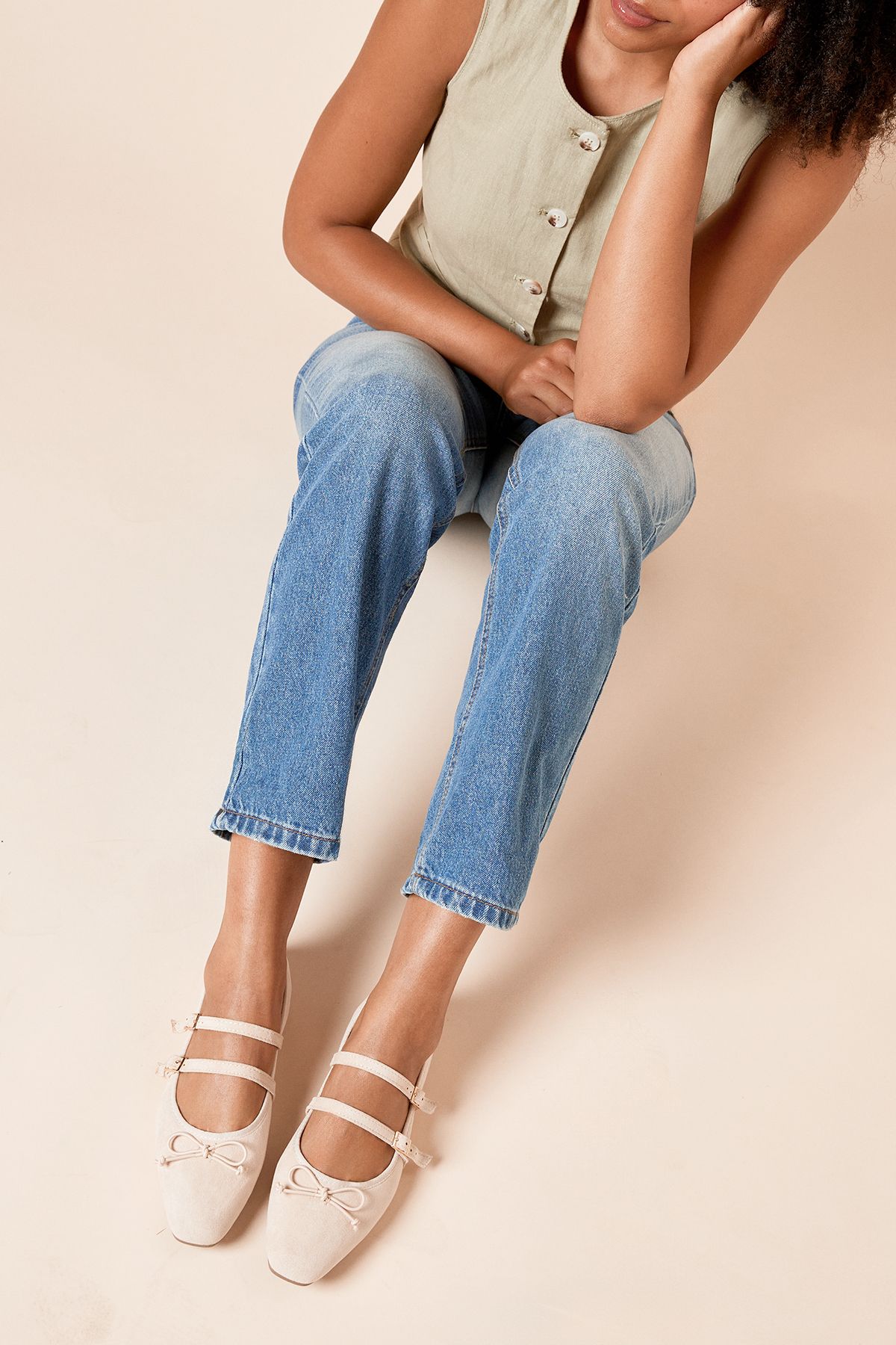 Dorothy Perkins Margaret Faux Suede Cross Strap Mary Jane Flat Ballet Pumps Beige image 2