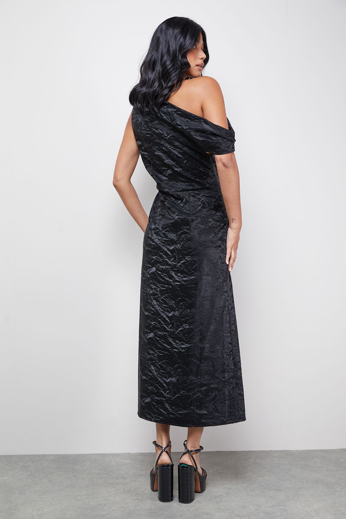 Warehouse Faux Crinkle Leather Fallen Shoulder Ruched Waist Midi Dress Black image 3