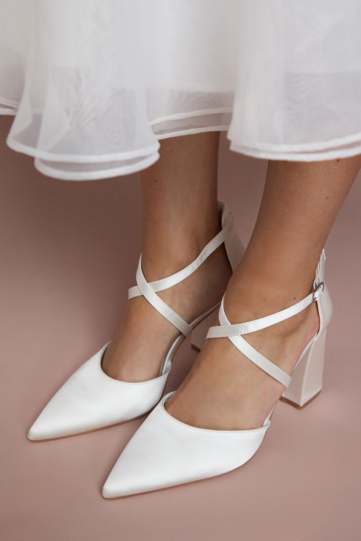 Coast Bridal Wide Fit Treat Satin Cross Strap Pointed Block Heel Court Shoes White