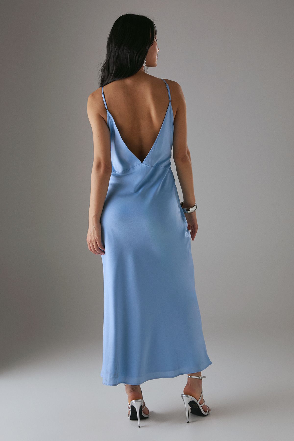 Warehouse Petite Satin Strappy Tie Front Maxi Slip Dress Baby Blue image 3