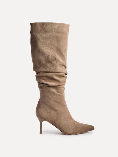 Linzi Rosenna Beige Suede Ruched High Leg Heeled Boot