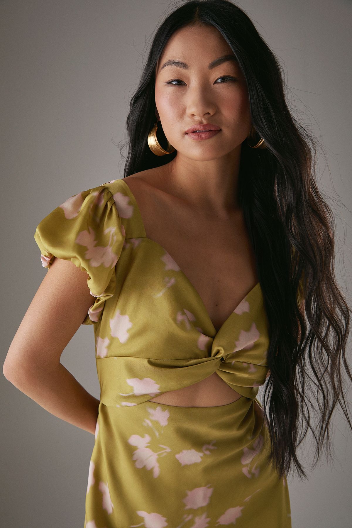 Warehouse Petite Satin Knot Front Cut Out Midi Dress Olive image 2