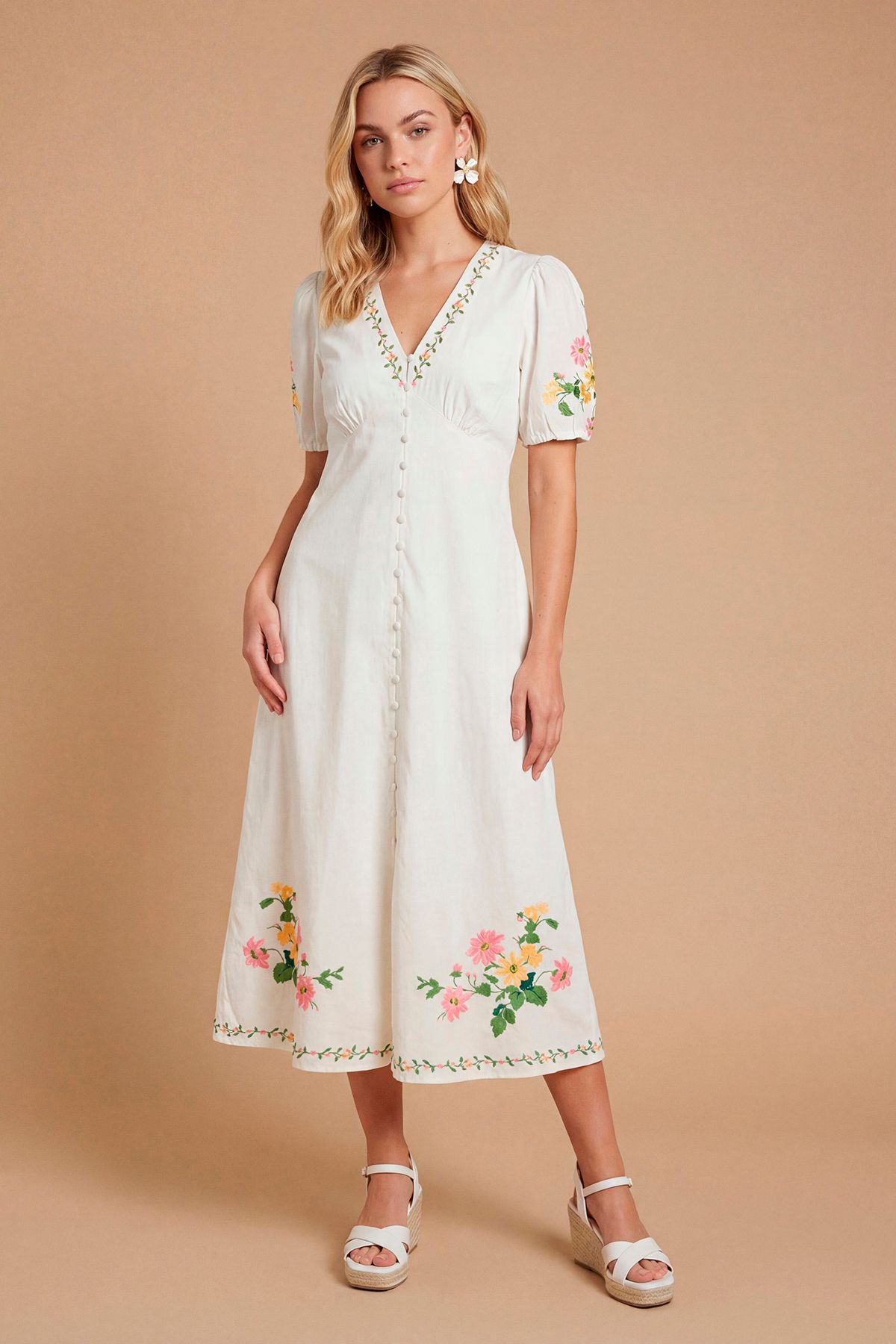 Dorothy Perkins Placement Print Button Down Floral Midi Dress White