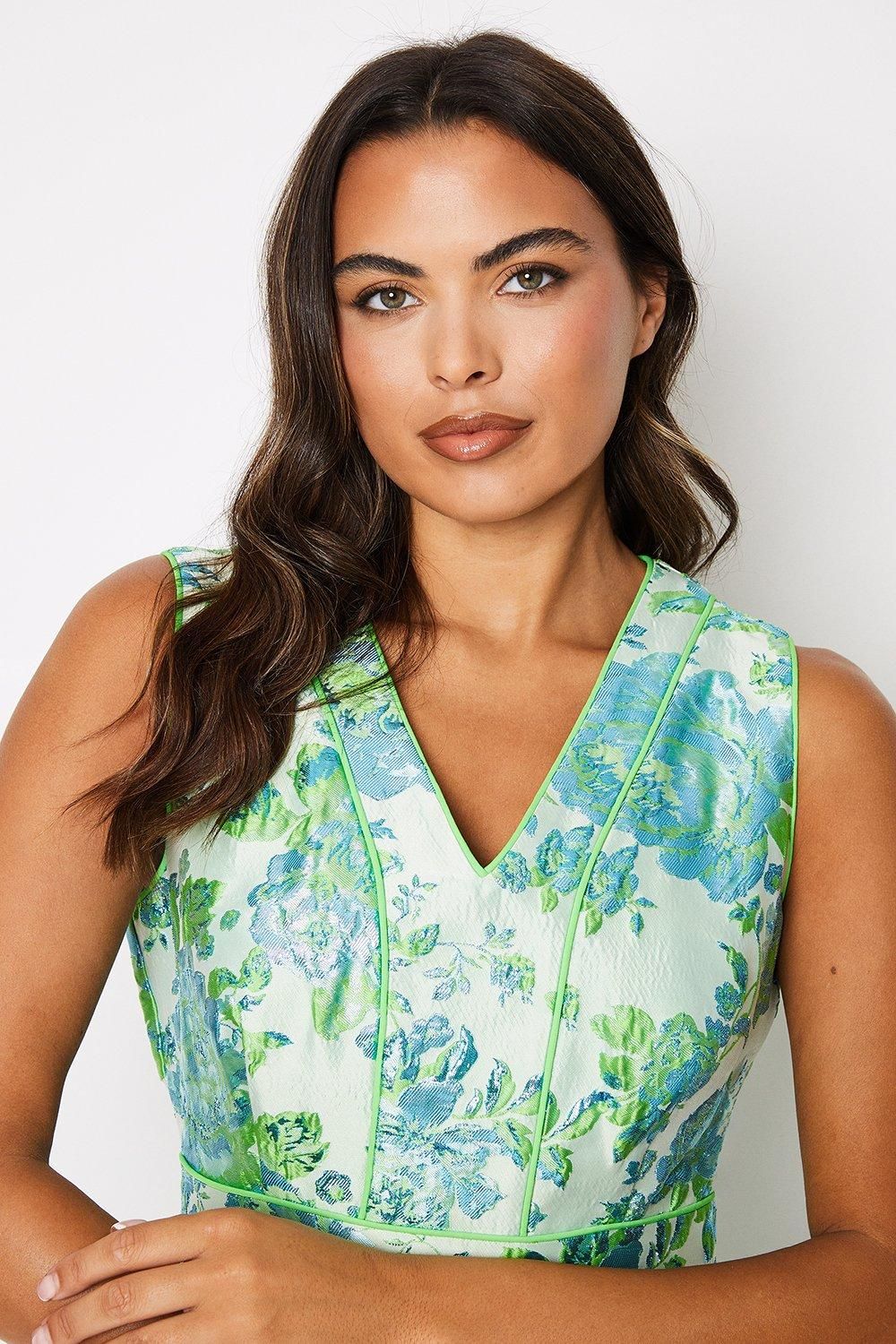Coast Piped Jacquard V Neck Midi Dress Green image 4