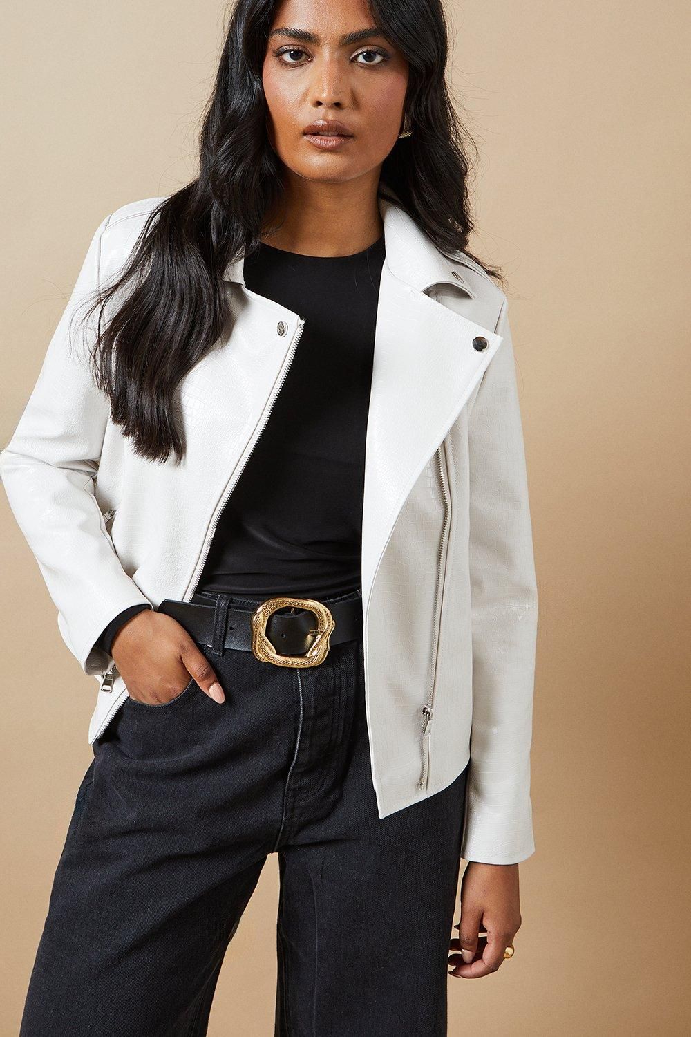 Oasis Crocodile Faux Leather Biker Jacket Ivory image 4