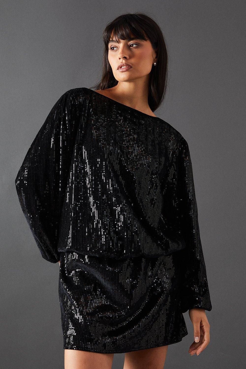 Warehouse Velvet Sequin Blouson Long Sleeve Mini Dress Black image 1