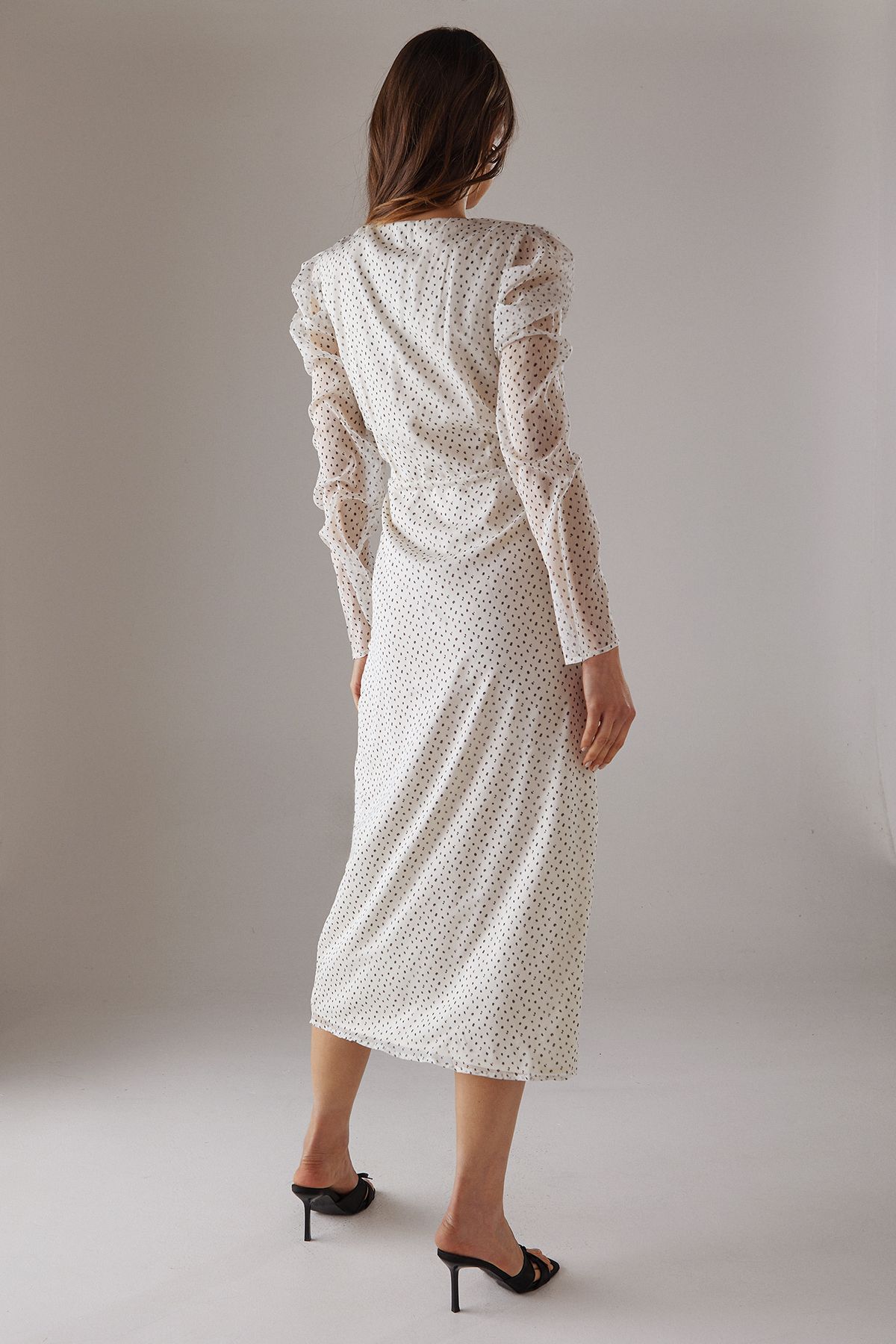 Warehouse Spot Chiffon Ruched Plunge Button front Midi Dress Mono image 3