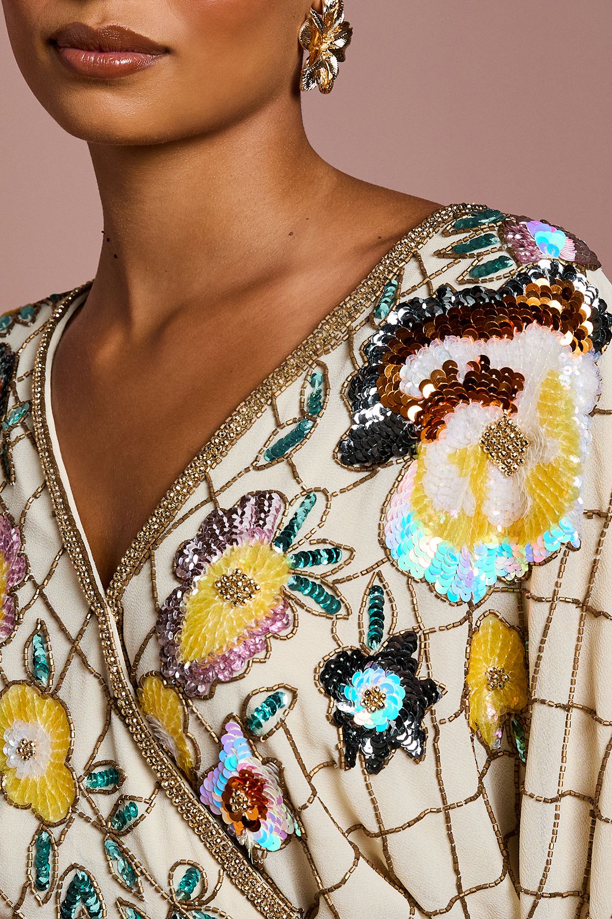 Coast Petite Wrap Top Floral Embellished Mini Dress Champagne image 5