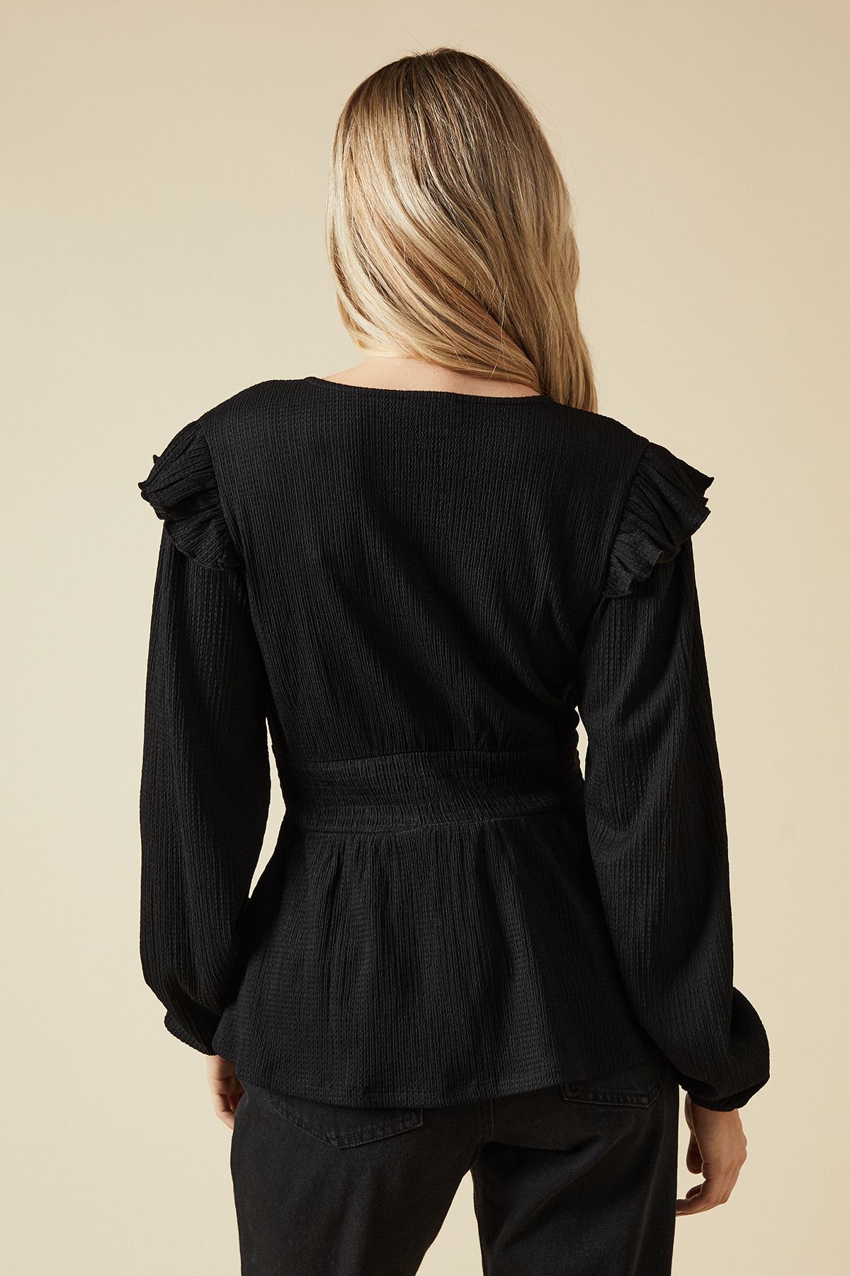 Dorothy Perkins Black Ruffle shoulder shirred waist long sleeve top Black image 3