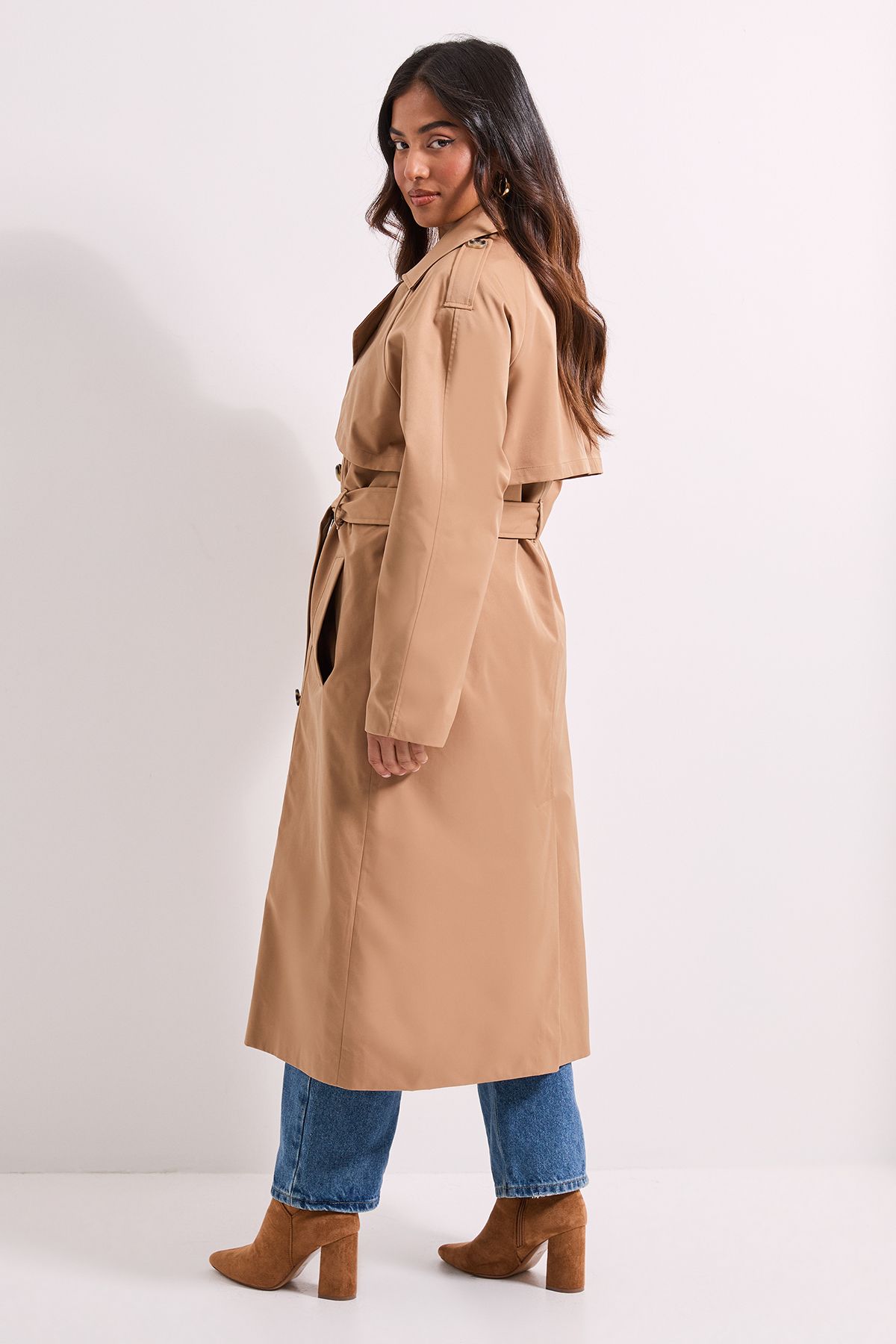 Dorothy Perkins Petite Longline Double Breasted Belted Trench Coat Camel image 3