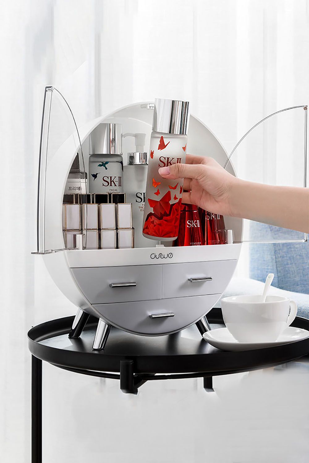 Living and Home 34CM High Round Transparent Cosmetic Display Box With 3 Drawers Storage Box image 4