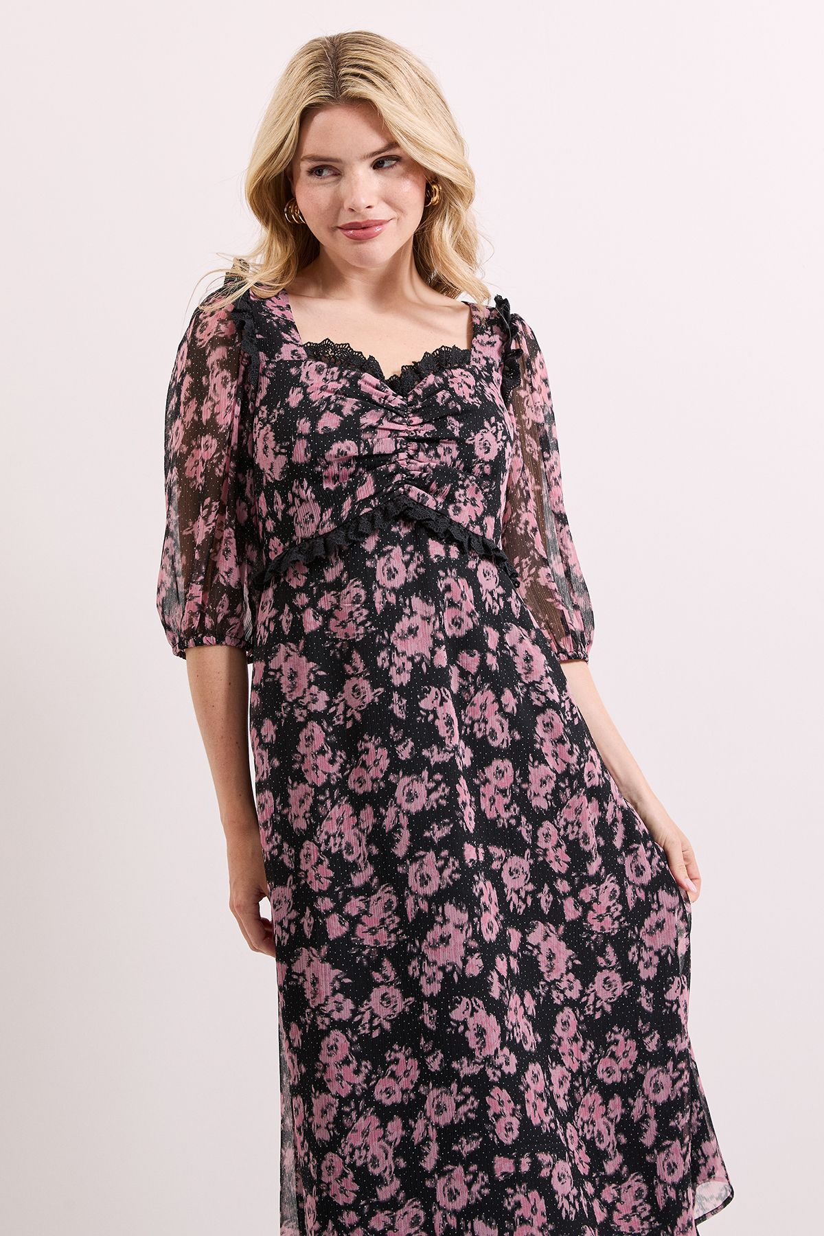 Dorothy Perkins Floral Printed Lace Trim Blouson Sleeve Midi Dress Floral image 2