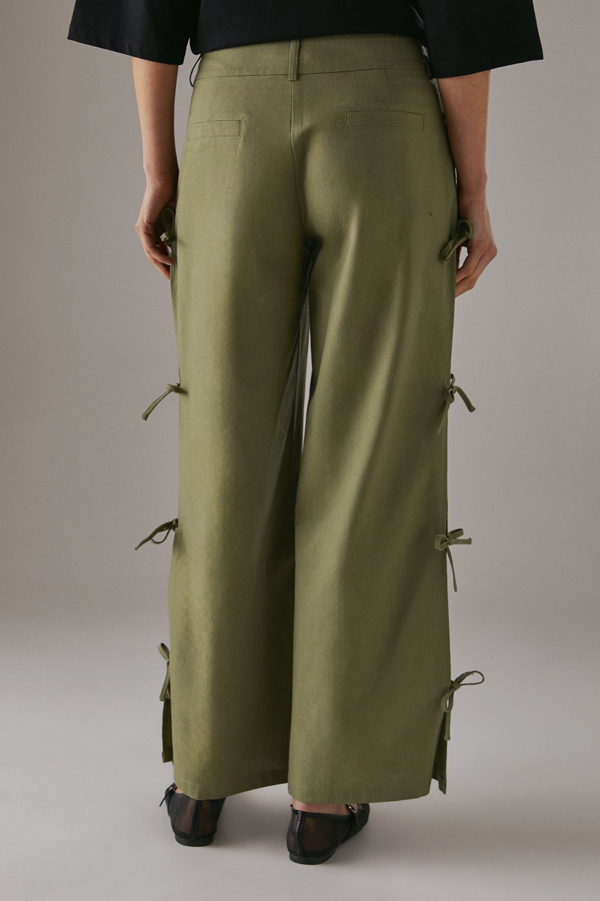 Warehouse Tie Side Wide Leg Trousers Khaki image 3