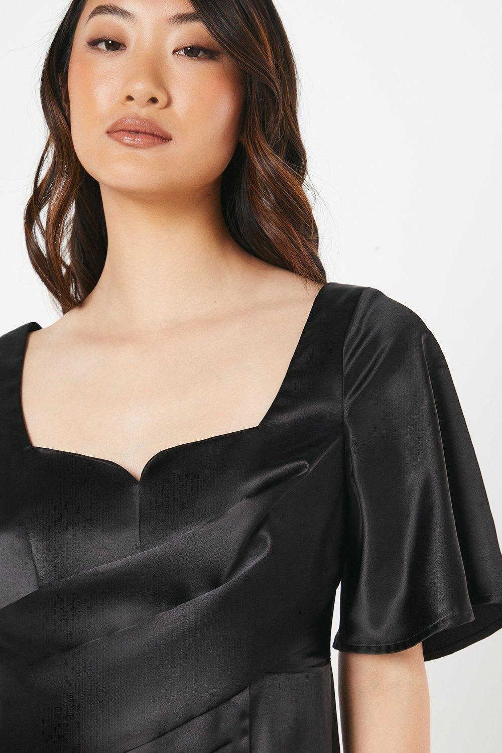 Coast Petite Satin Wrap Waist Flutter Sleeve Midi Wedding Guest Dress Black image 2