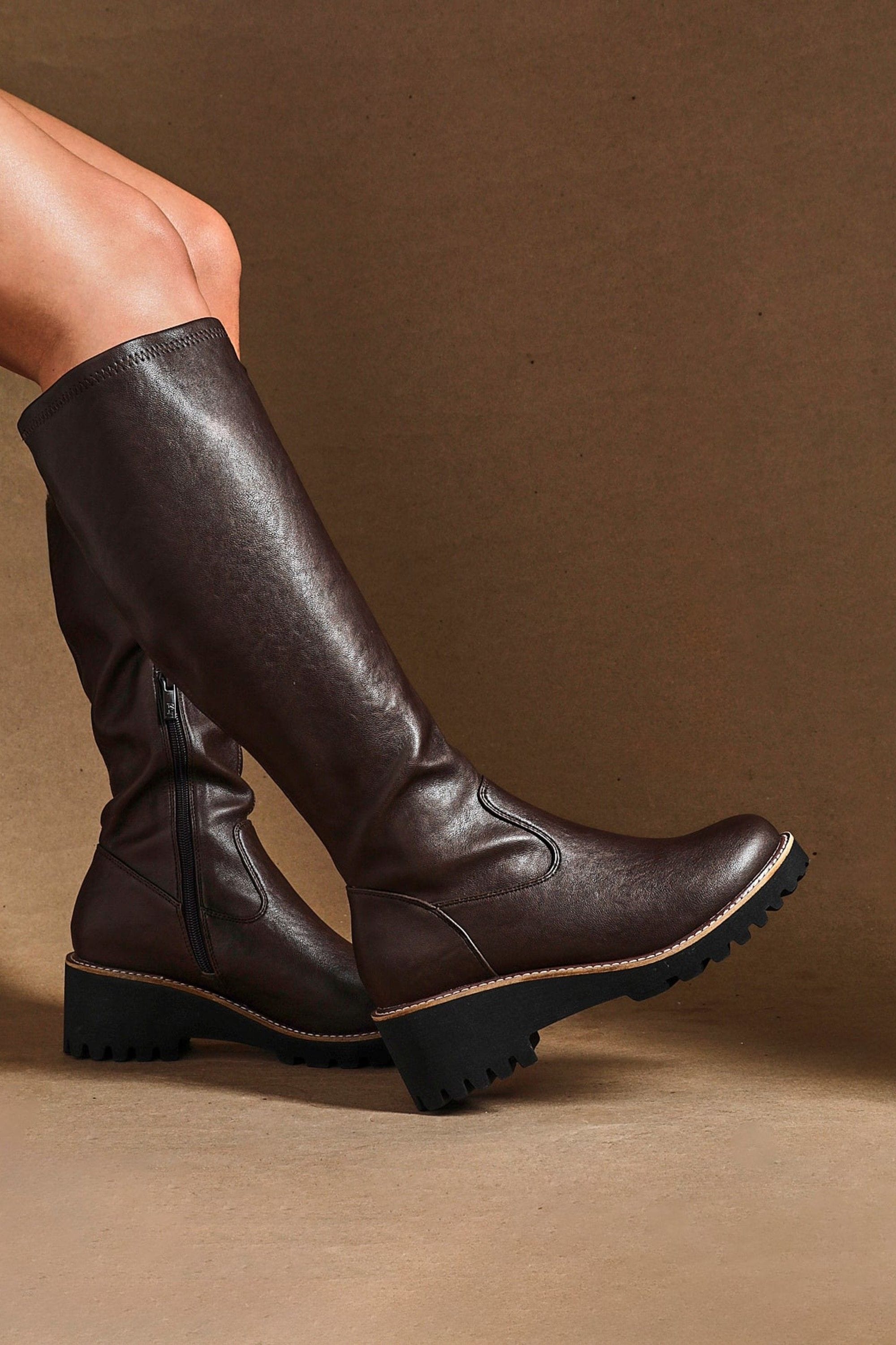 Linzi Maintain Wide Fit Brown Faux Leather Stretch High Leg Wedge Boot image 6