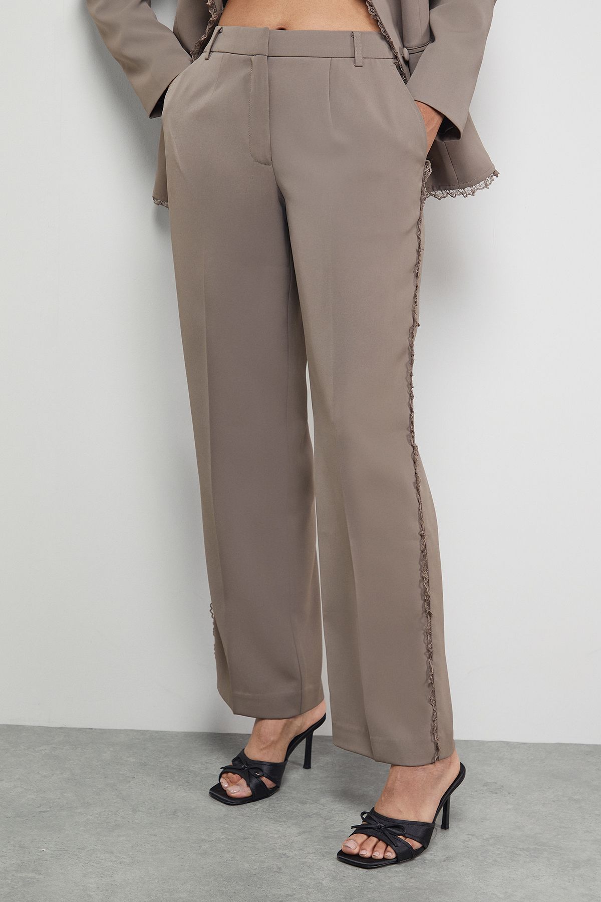 Warehouse Lace Frill Trim Wide Leg Trouser Mocha image 2