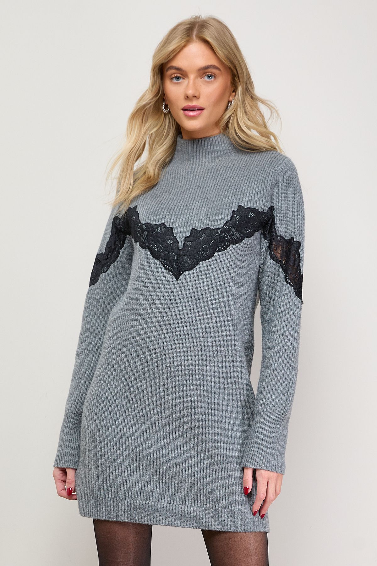 Oasis Contrast Lace Stitch High Neck Knitted Mini Dress Grey image 2