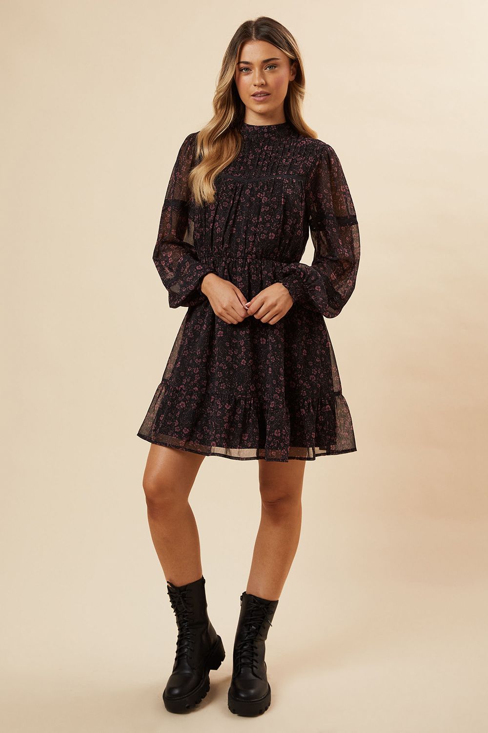 Dorothy Perkins Pink Ditsy Chiffon Pleated Yoke Mini Dress Pink image 2