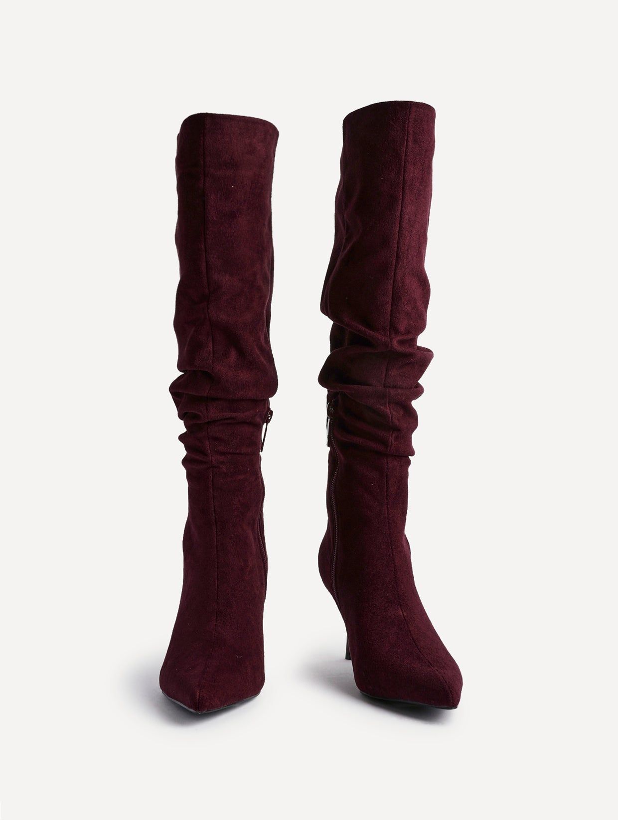 Linzi Rosenna Burgundy Faux Suede Ruched High Leg Heeled Boot image 3