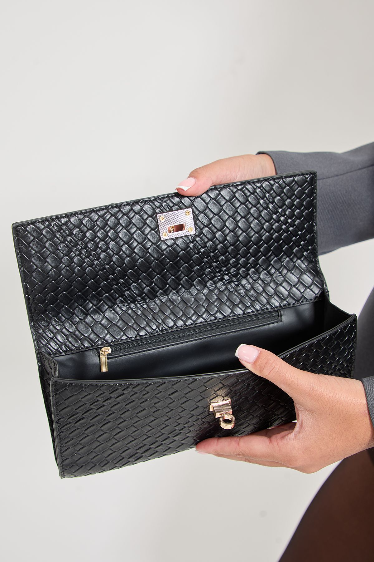MissPap Faux Leather Woven Grab Bag Black image 3