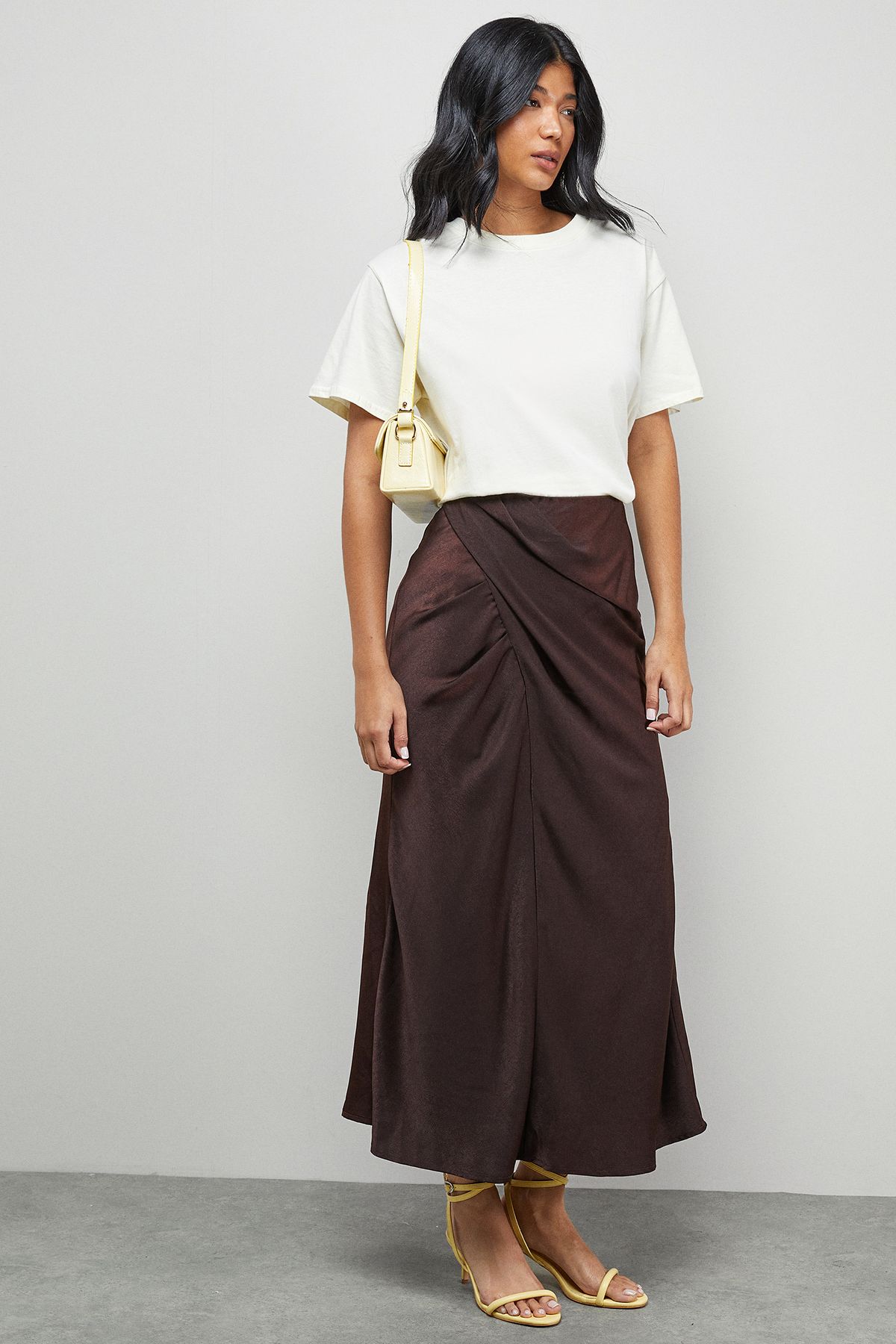 Warehouse Crushed Satin Drape Front Bias Midi Skirt Chocolate image 2