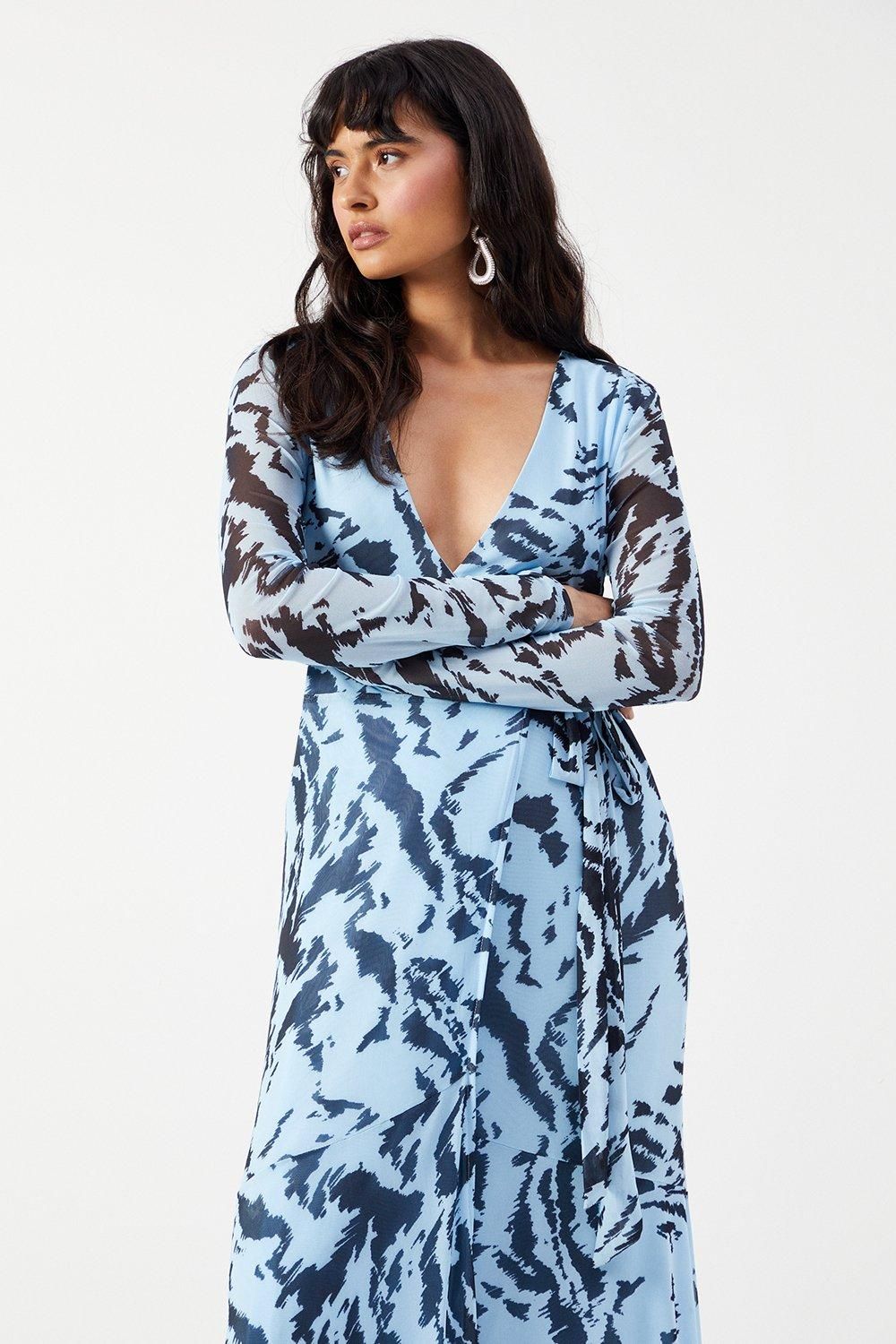 Warehouse Zebra Mesh Asymmetric Seam Wrap Midi Dress Blue image 2