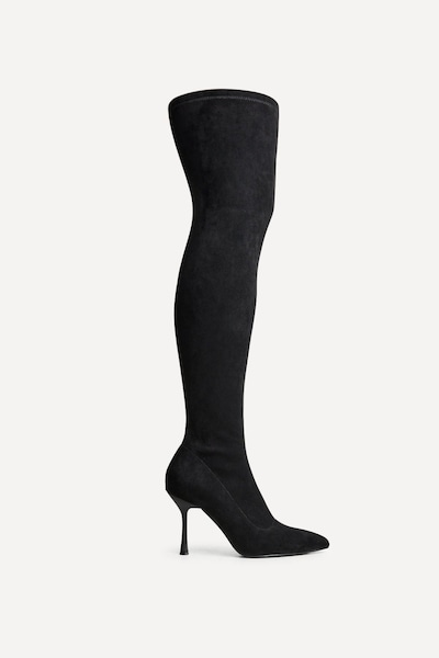 Linzi Laney Black Faux Suede Thigh High Strech Stiletto Heel Boot