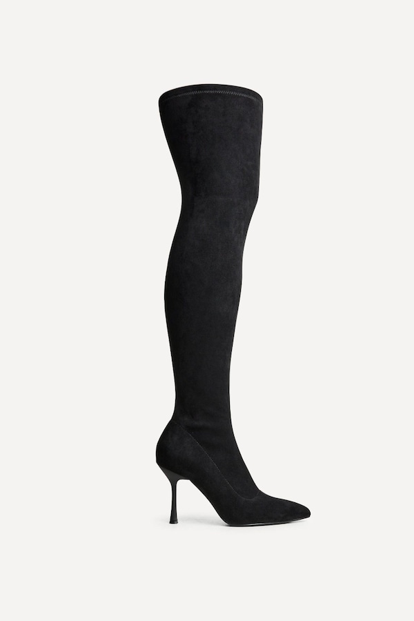 Linzi Laney Black Faux Suede Thigh High Strech Stiletto Heel Boot