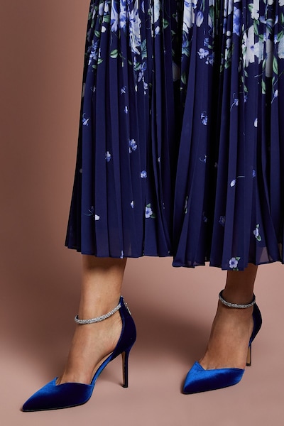 Coast Sicily Velvet Diamante Ankle Strap Pointed Court Shoes Blue