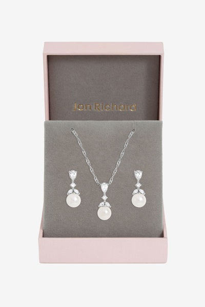 Jon Richard Rhodium Plated Crystal Leaf and Pearl Set - Gift Box