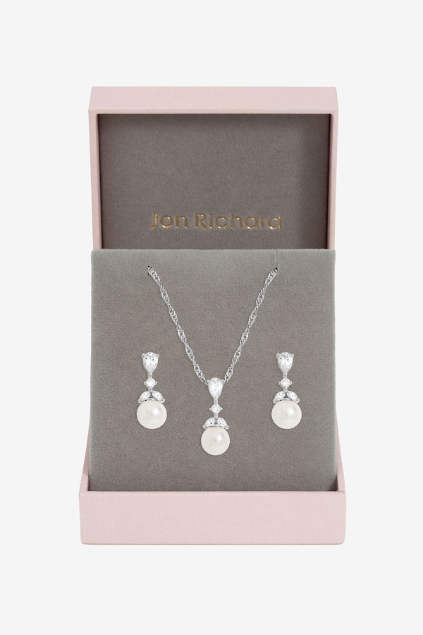 Jon Richard Rhodium Plated Crystal Leaf and Pearl Set - Gift Box