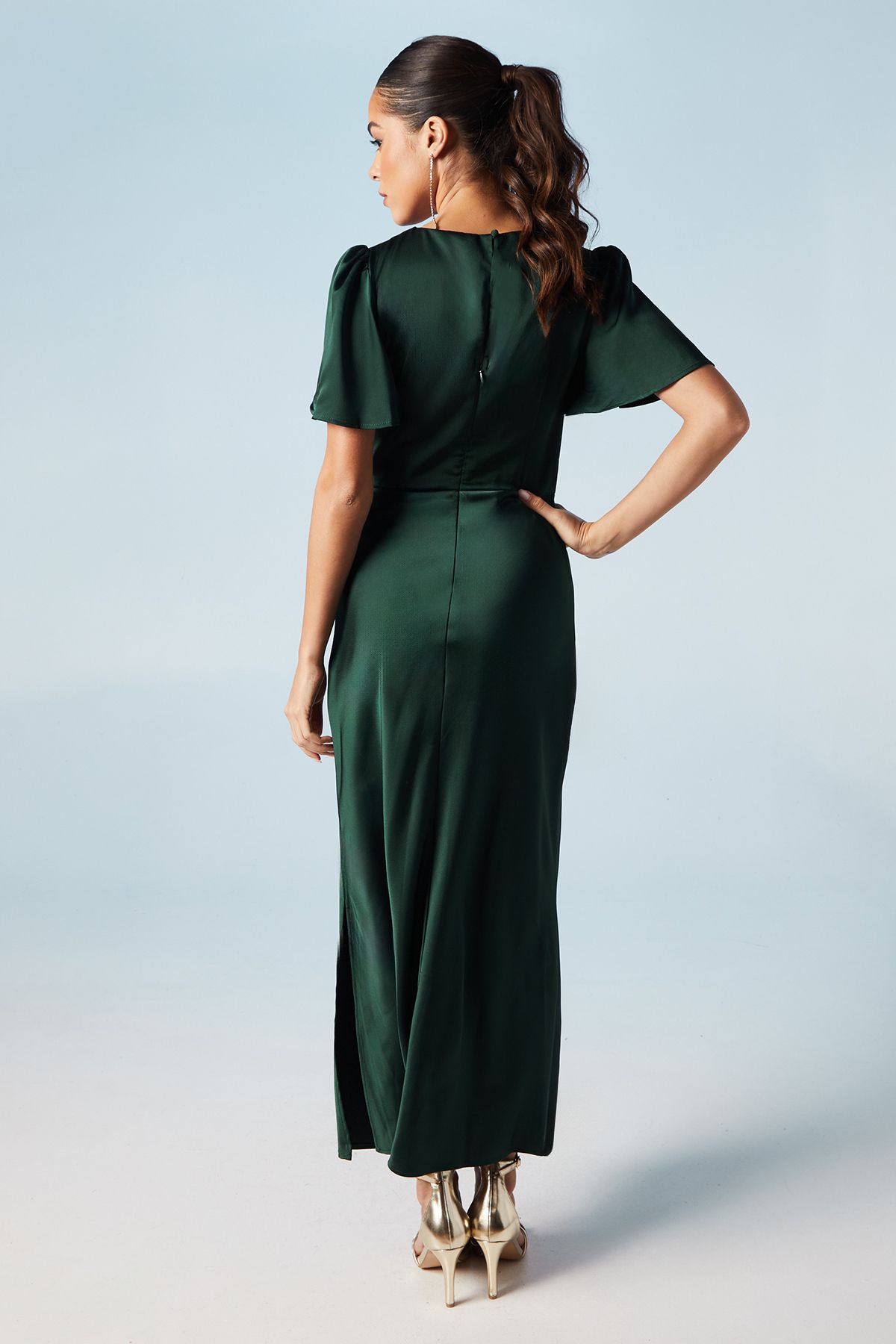 Oasis Oasis by Coast Satin Twist Front Angel Sleeve Midi Bridesmaid Dress Emerald image 3