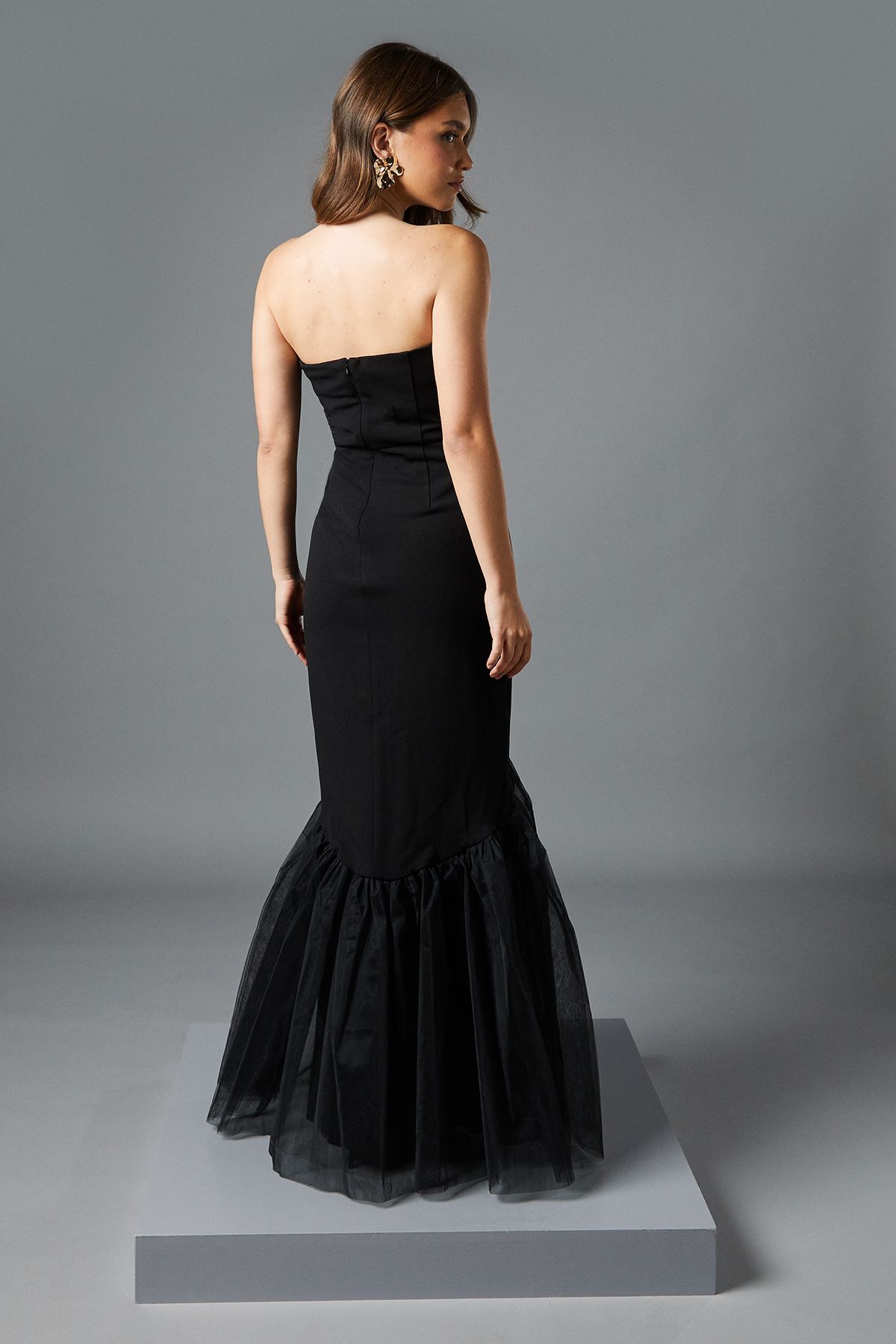 Coast Strapless Fitted Maxi Dress with Tulle Fishtail Hem Black image 3