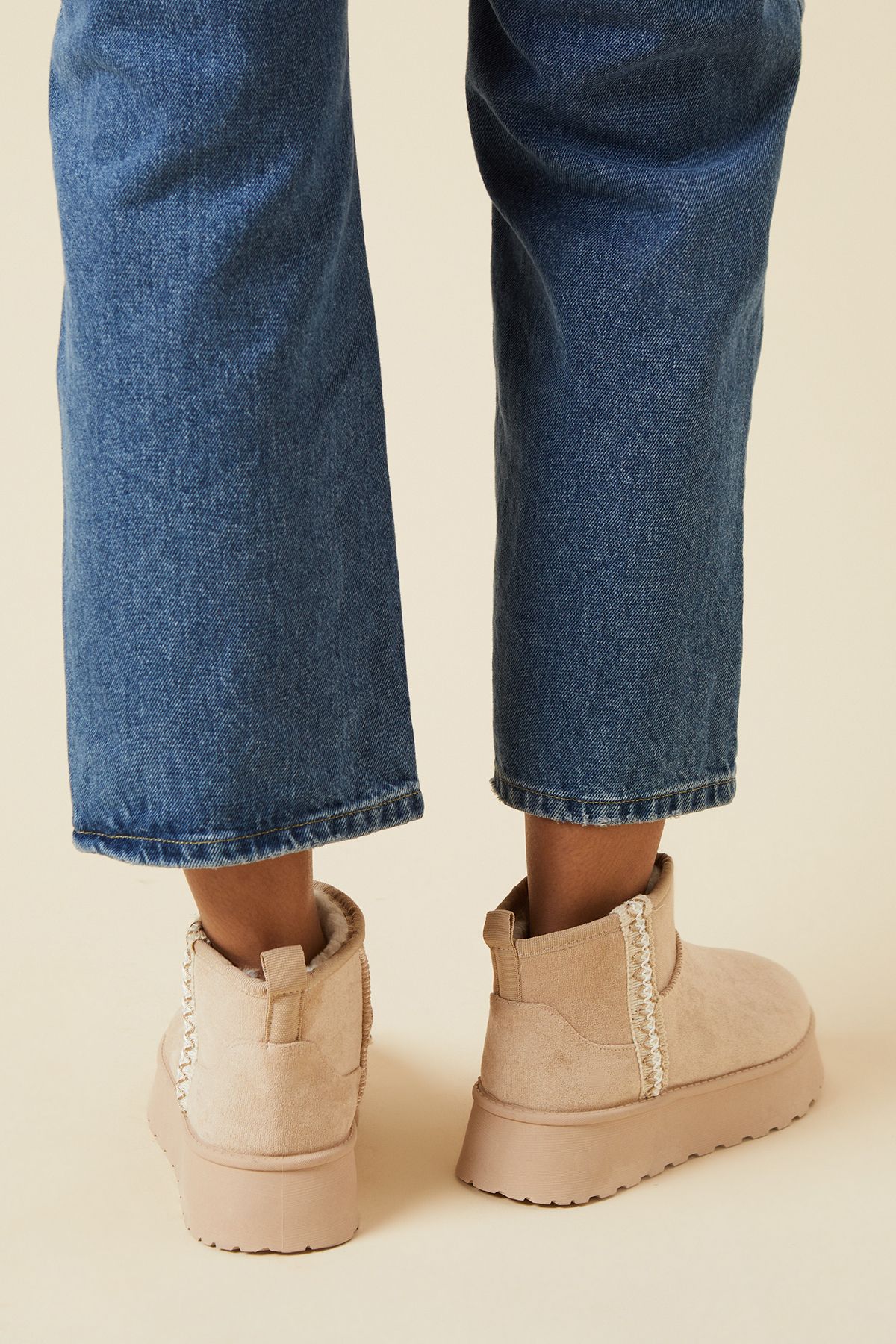 Dorothy Perkins Hania Suedette Faux Fur Lined Stitch Detail Cosy Chunky Flatform Ankle Boots Beige image 2