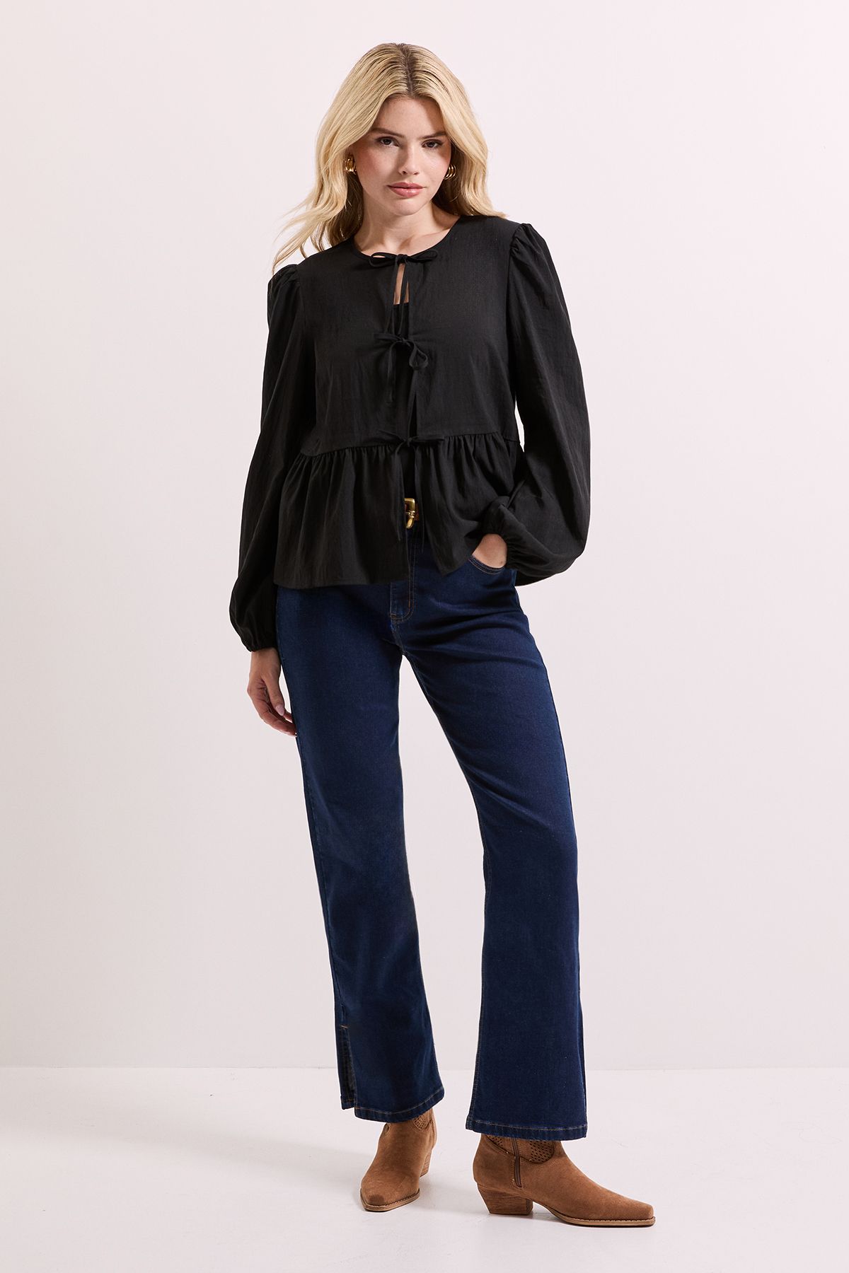 Dorothy Perkins Tie Front Long Sleeve Blouse Black image 1