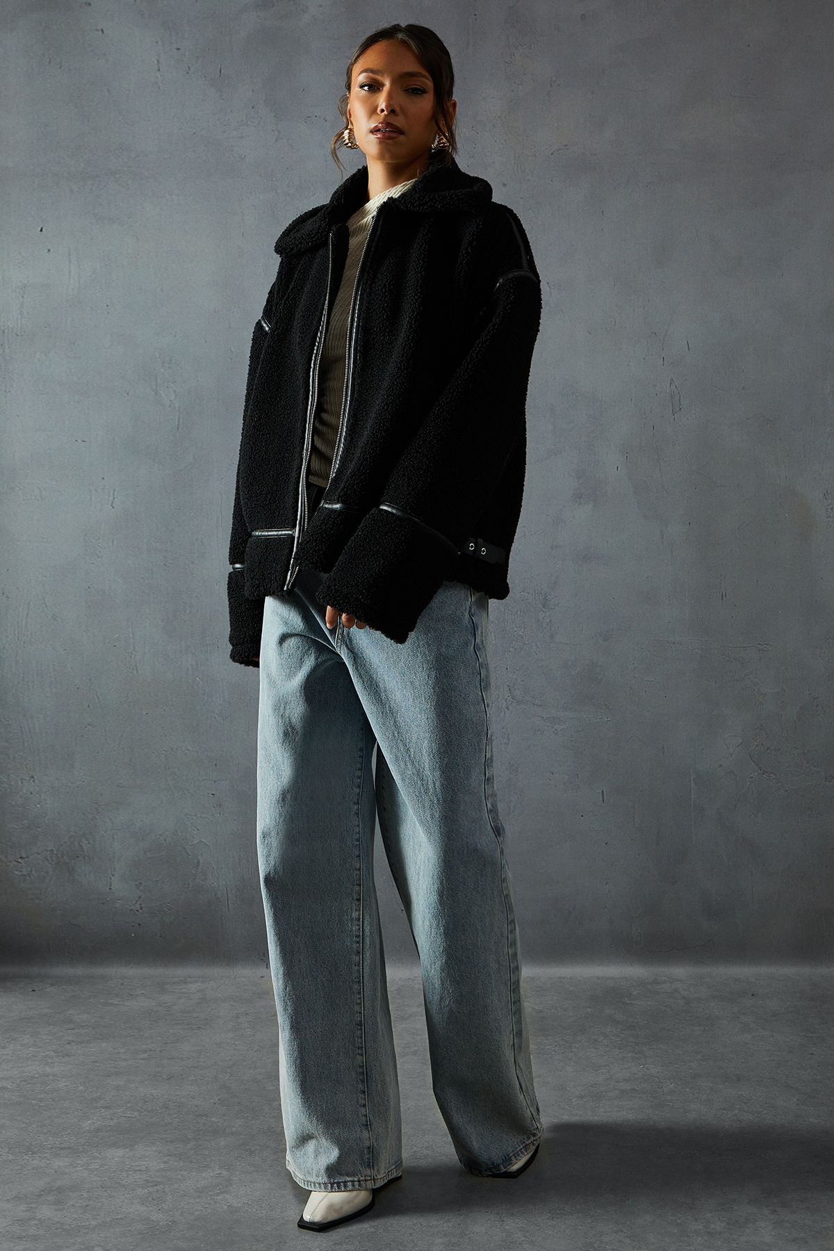 MissPap Teddy Faux Fur Aviator Jacket Black image 4